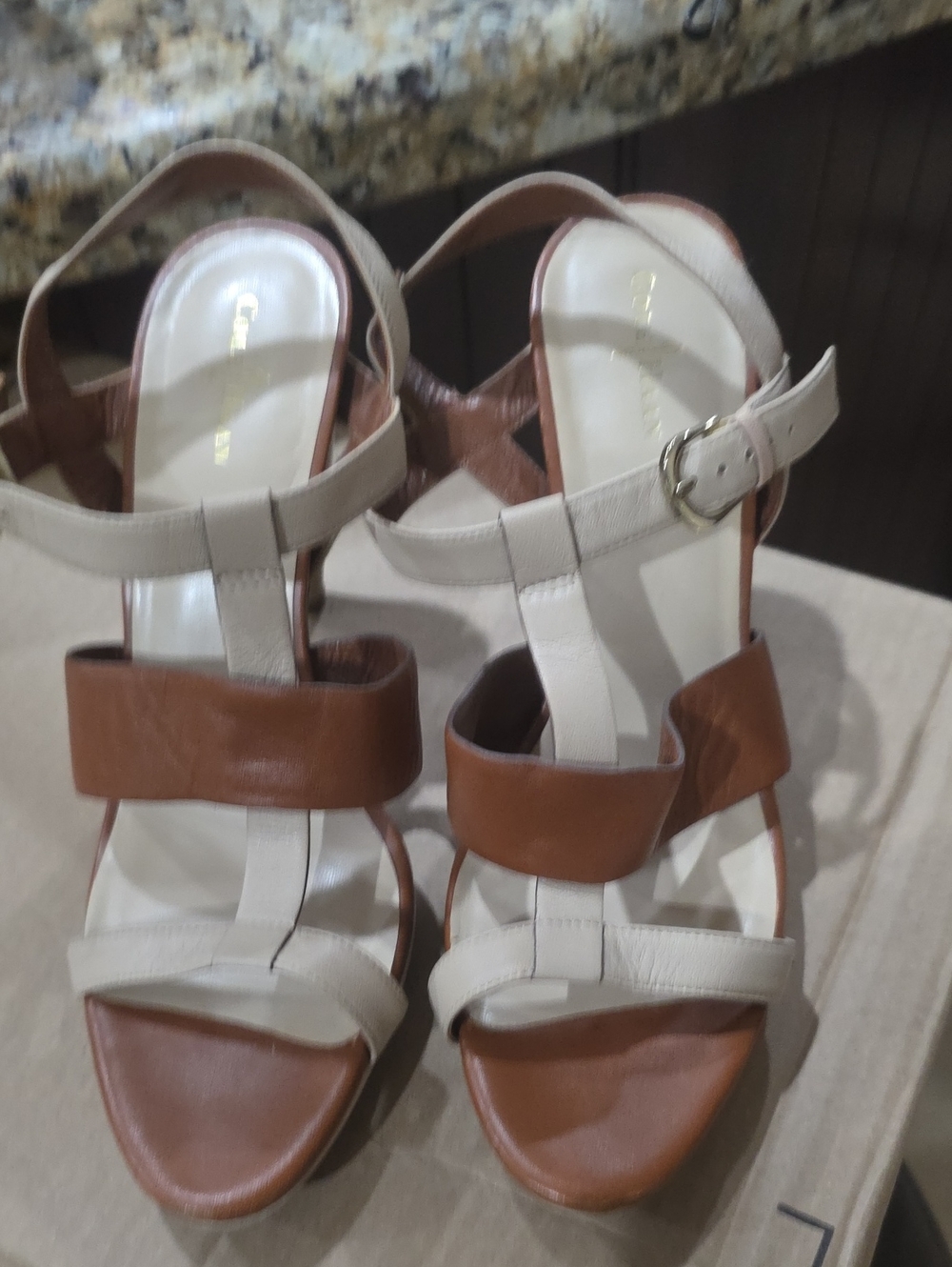 Cole Haan Tan and Cream Block Heel Strappy Sandals